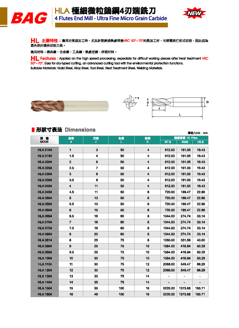 BAG高硬度立銑刀