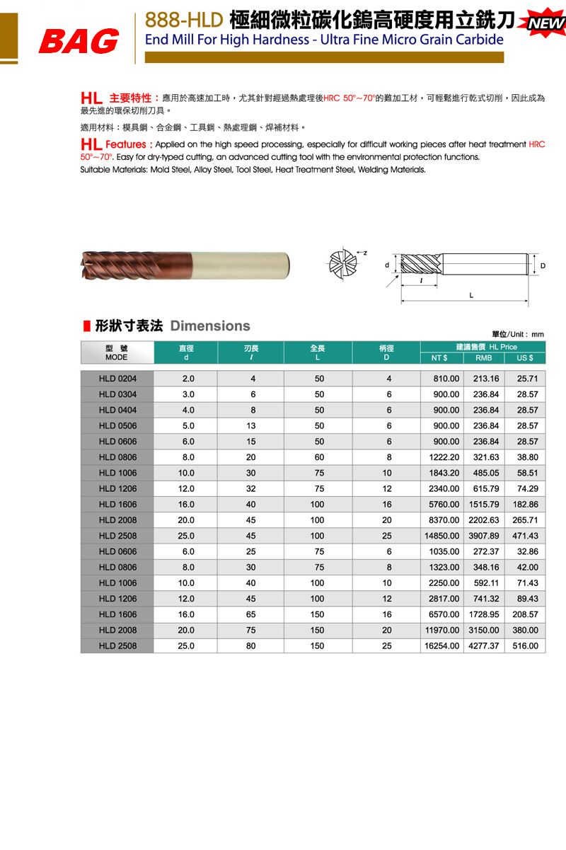 BAG高硬度立銑刀
