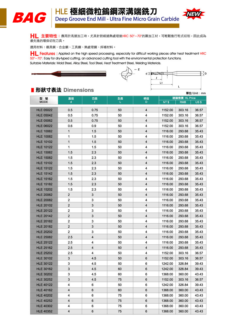 BAG高硬度立銑刀